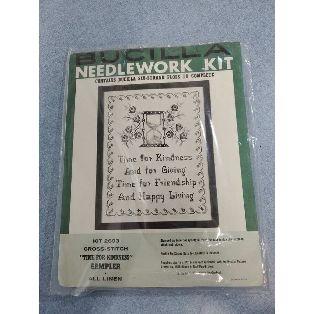 Vintage Bucilla Needlework Cross-Stitch Kit 2693 Time For Kindness Sampler Linen